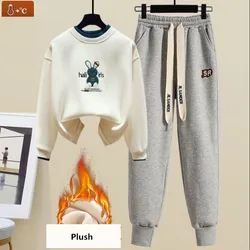 Women's Winter Casual Tracksuit Suit Korean Elegant Cotton Cartoon O-Neck Pullover Sweater Plush Pants Sportwear Two Piece Set