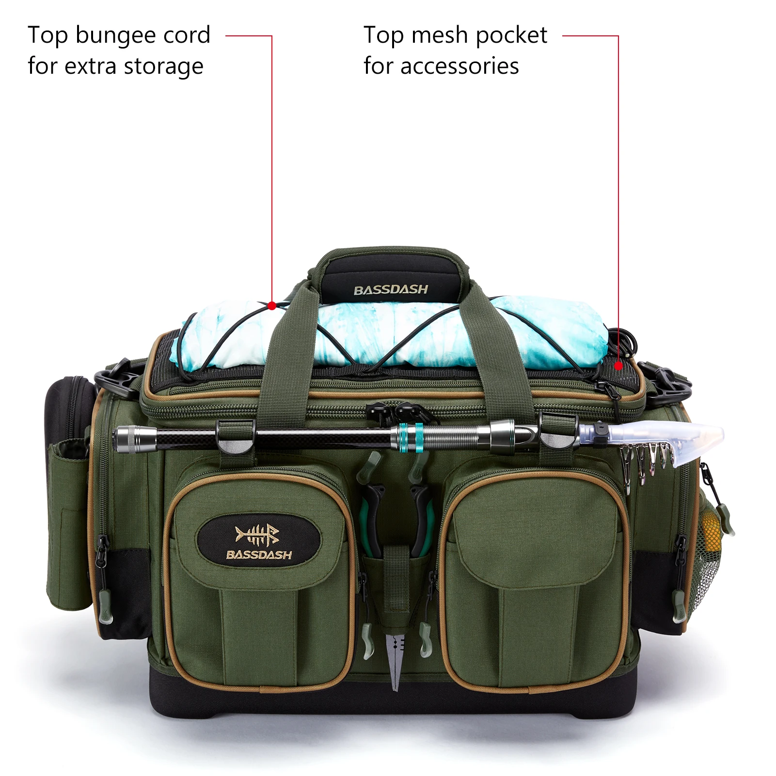 BASSDASH Fishing Tackle Shoulder Bag Water Resistant Lightweight Gear Storage Pack with Hard Molded Bottom Rain Cover