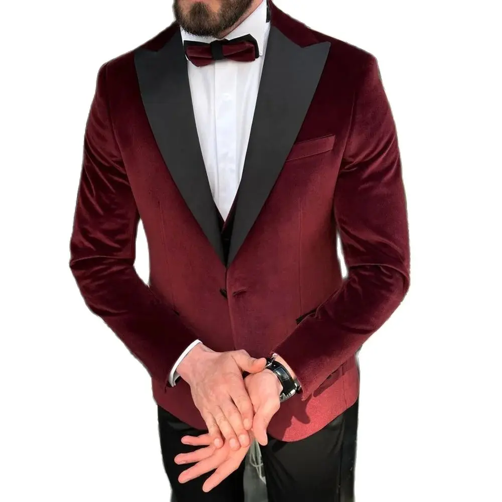 2024 Slim Fit Burgundy Peak Lapel Men\'s Suits One Button Velvet Formal Party Male Clothing Skinny Elegant Jacket 1 Piece Blazer