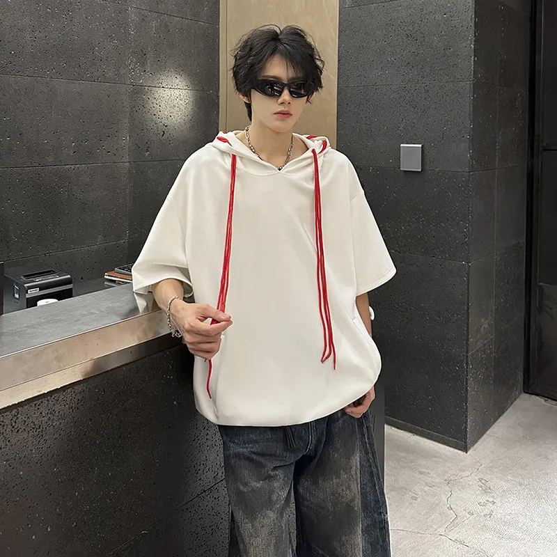 American Fashion Drawstring Hooded T-shirt Summer Casual Fashion Loose Men Solid Color Street Style Short Sleeved Tees