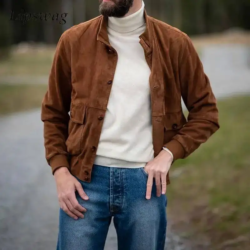 Casual Solid Color Lapel Jacket Mens Coat Streetwear Vintage Button-Up Long Sleeve Slim Jackets Stylish Men Spring Fall Cardigan