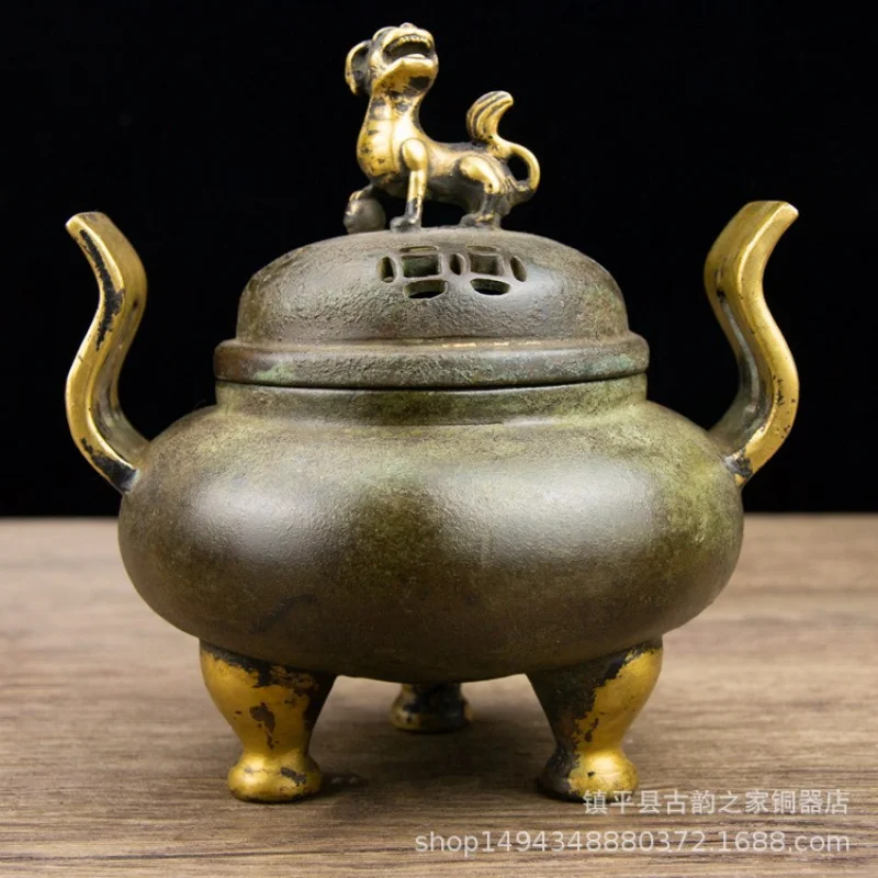 Pure Copper Antique-Style Gilded Three-Legged Flat-Eared Lion Incense Burner Ornament for Office Living Room Shop Desktop Decora