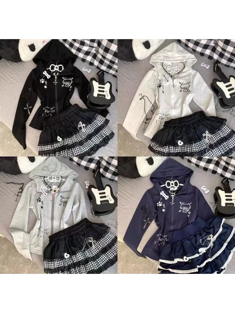 HOUZHOU Gray Cartoon Print Kawaii Women Hoodies Cutecore Japanese Style Long Sleeve Zipper Sweatshirt Slim Cat Ear Preppy Autumn