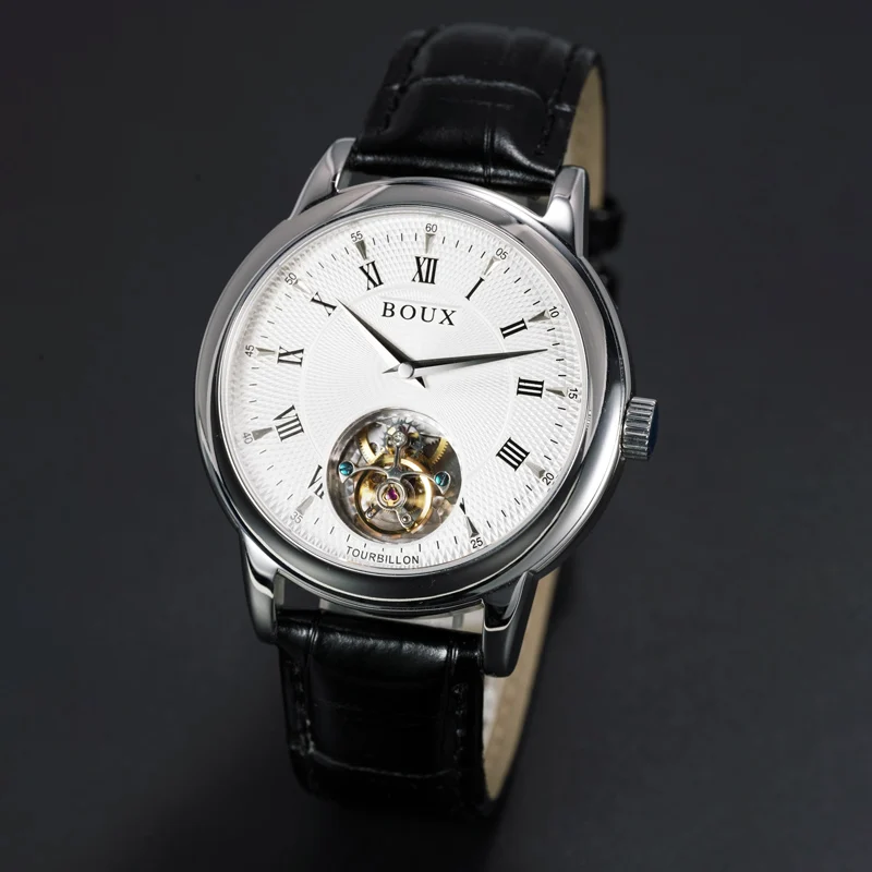 BOUX Tourbillon Механические часы Мужские часы Seagull ST8000 с автоматическим механизмом Мужской скелет с сапфировым стеклом Наручные часы из натуральной кожи