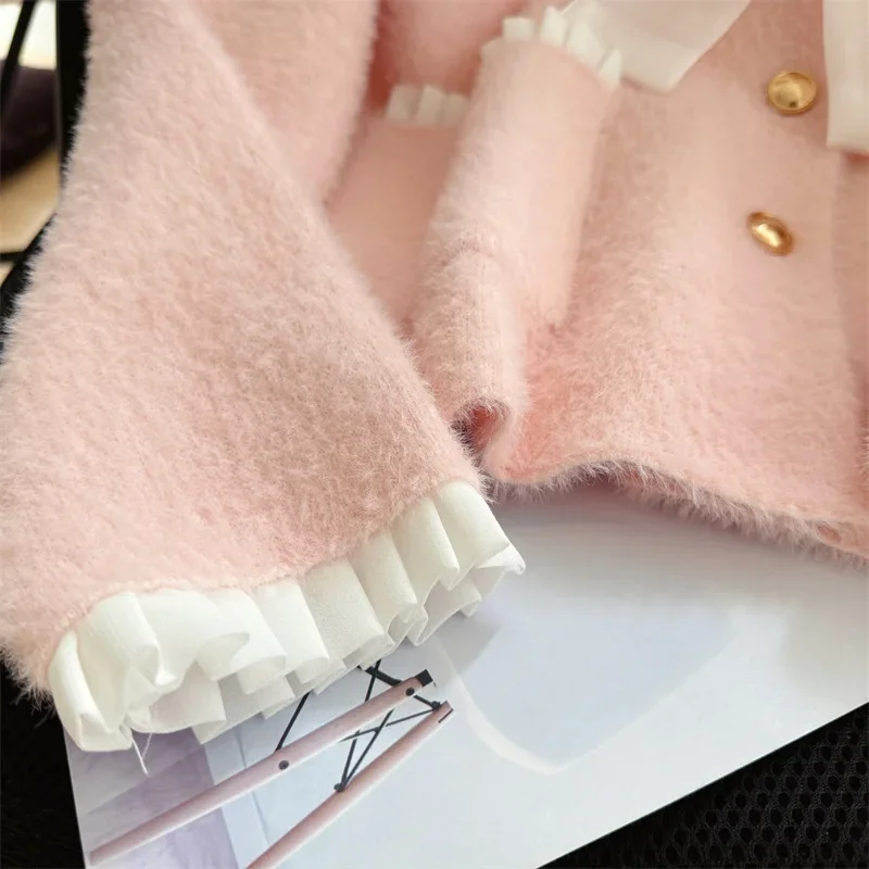 OCEANLOVE Sweet Ruffles Women Sweaters Autumn Winter Bow Korean Fashion Cardigans Contrast Color Elegant Sueter De Mujer