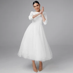 Midi Wedding Dress for Bride Tea Length 3/4 Sleeves Short Gown Women 2023 Bateau Butttons A Line Simple Bridal