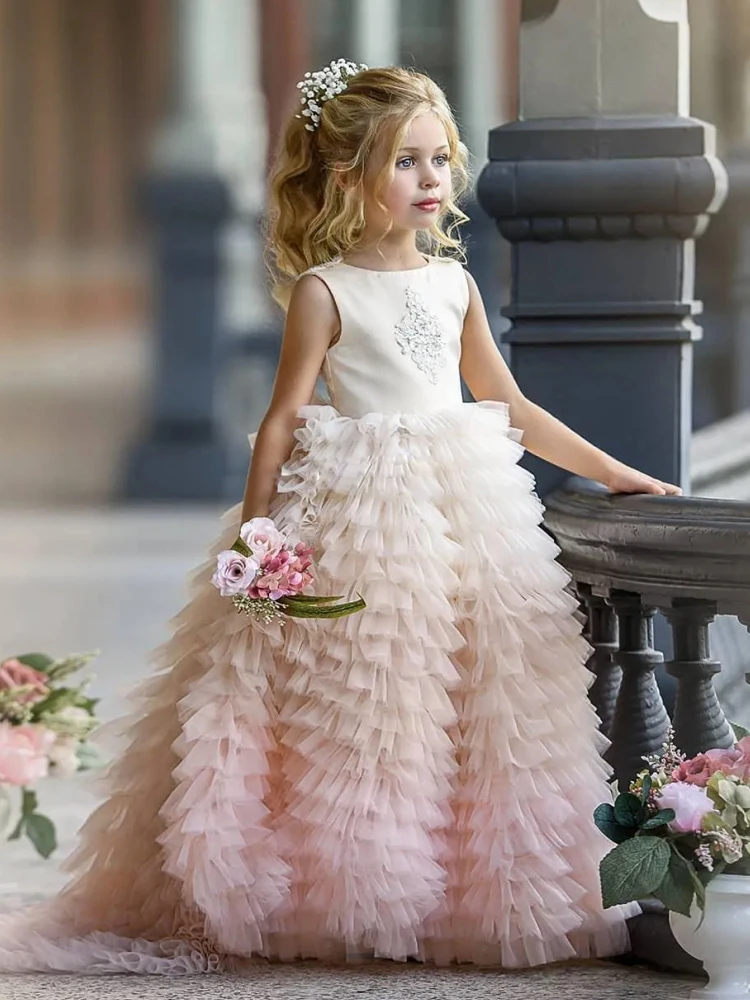 White Pink Flower Girl Dresses Tulle Lace Appliques Tiered With Tailing Sleeveless For Wedding Birthday Banquet Princess Gowns