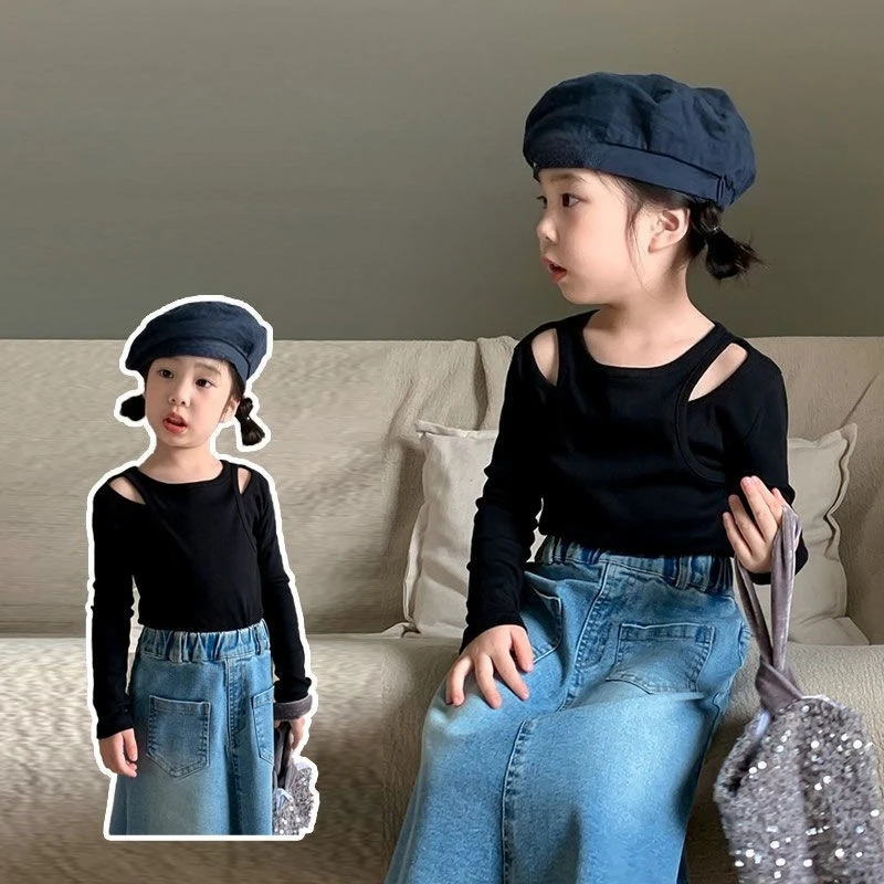 

Baby Girls Long Sleeve T-shirt Toddler Kids Black Top Tees 2026 Spring Autumn Clothing for Children Elasticity Bottoming