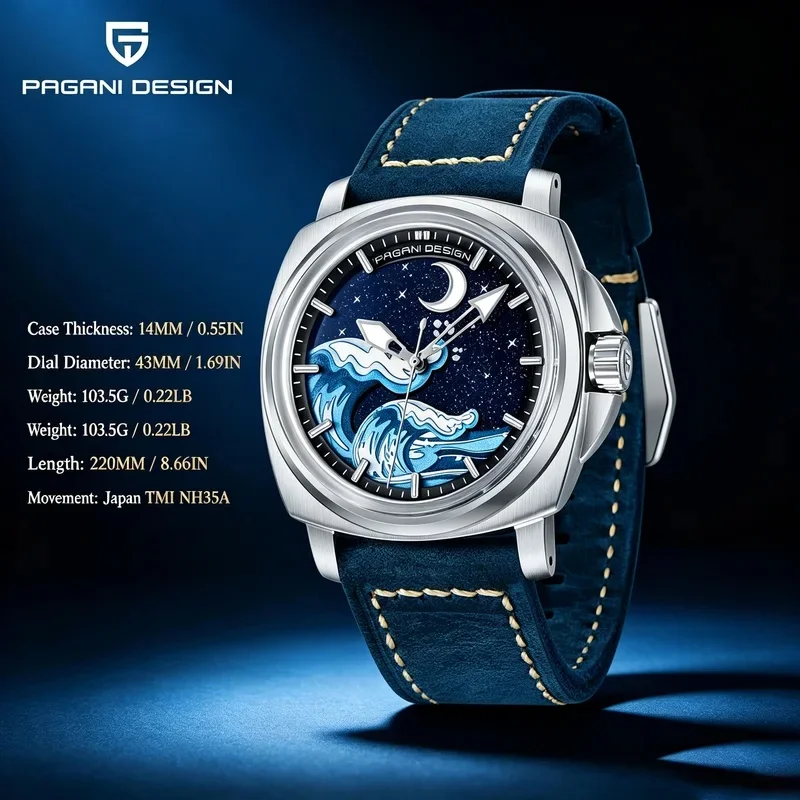 PAGANI DESIGN Original NH35A 43MM Men's Automatic Mechanical Watch Stainless Steel Waterproof 10Bar Dial Glow Reloj Hombre