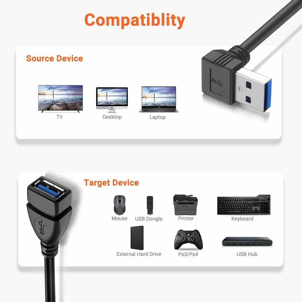 Up and Down Angle USB 3.0 Extension Cable SuperSpeed USB 3.0 Male to Female Short Extender Data Cord for Laptop PC USB Hub