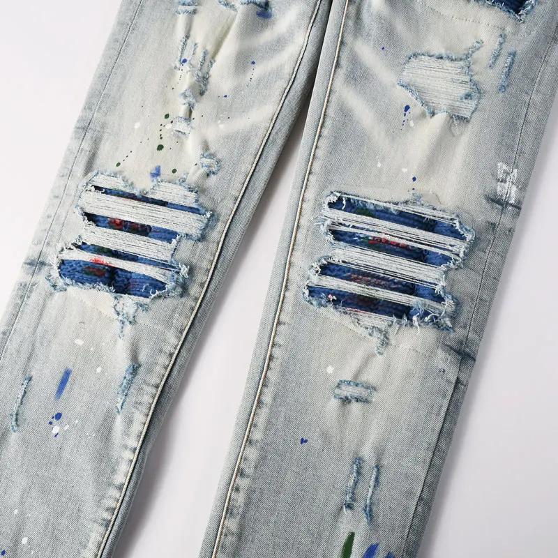 Fashionable new men's jeans, washed with water, nostalgic distressed patch, elastic slim fit, light blue jeans, hip-hop brand pa