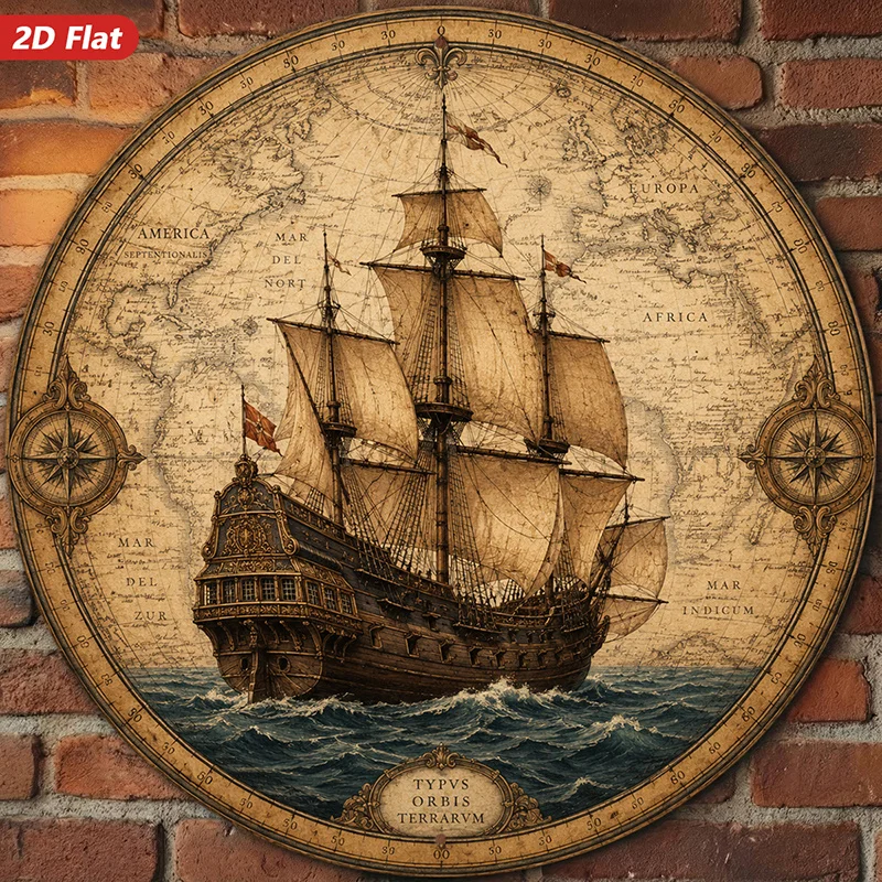 2D Flat, 1pc Nautical World Map Round Metal Sign Wall Art, Typus Orbis Terrarum, Sailing Galleon, Vintage Map, Home Decor, Ideal
