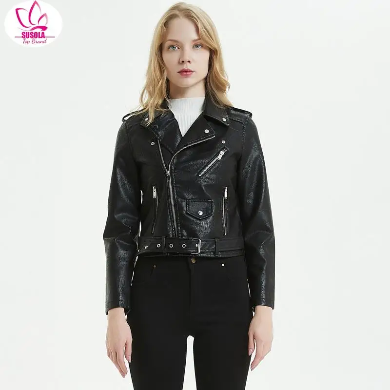 

Lady New Trend Women Smooth Motorcycle Faux Leather Jackets Ladies Long Sleeve Autumn Winter Biker Streetwear Black Short Coat