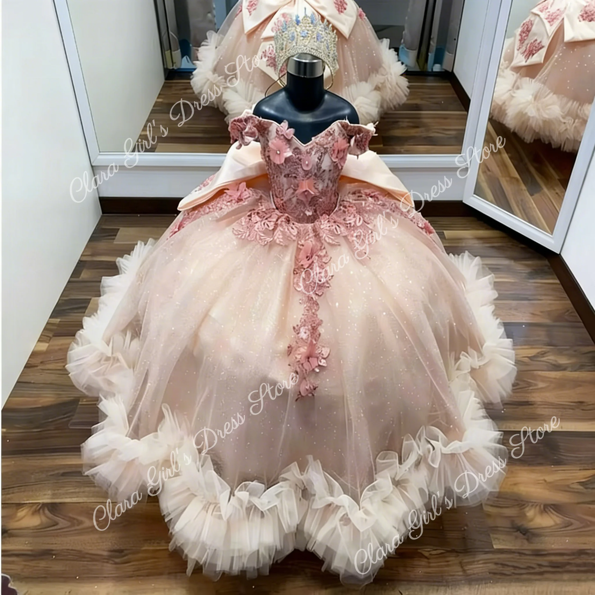 Kwaliteit licht champagne bloem meisjesjurk tule pluizig met applique voor trouwjurken kinderverjaardag avondjurken