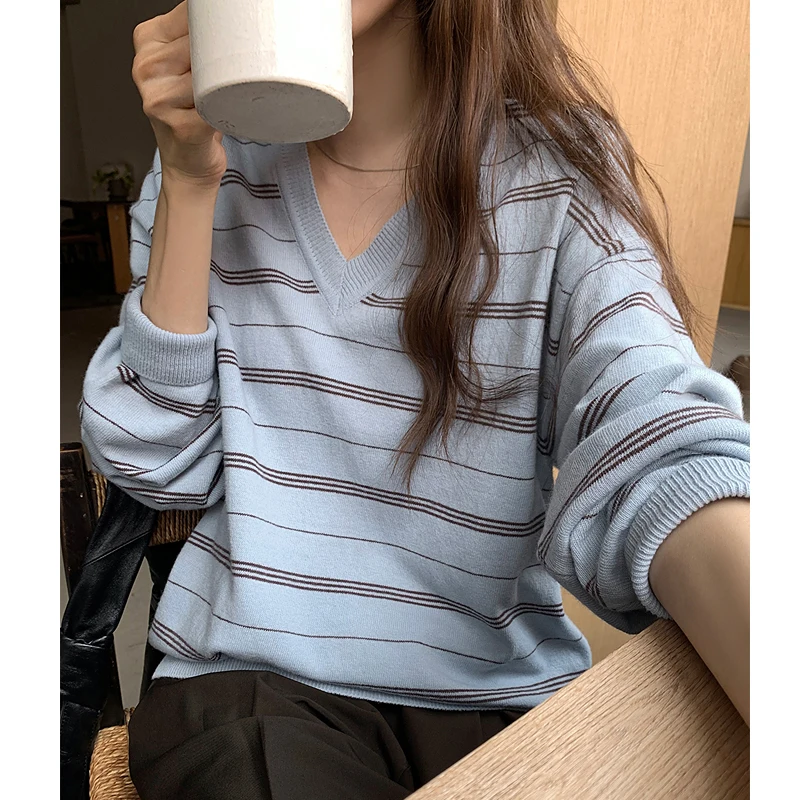 Chic Autumnal Loose Fit V-Ne Long Sve Striped Knitwear Base Layer Casual Contrast Color College Sle Knitted Top