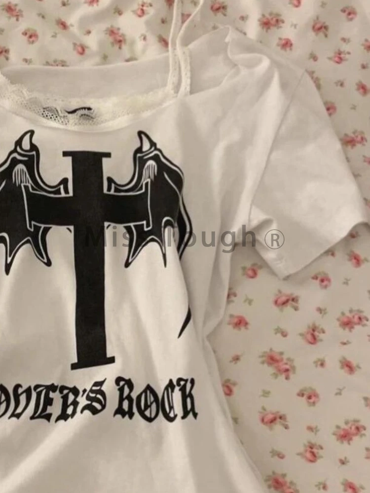 Camisetas estéticas Vintage lisas ajustadas con cuello redondo para mujer, camiseta de manga corta con estampado de encaje gótico Hepburn, Tops de retazos Y2k de calle alta