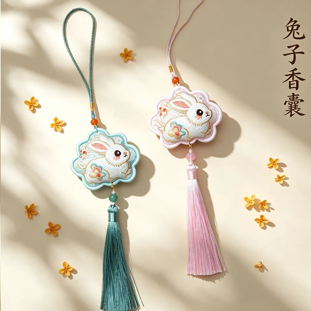 Ancient style embroidered rabbit sachet Mid-Autumn Festival sachet Hanfu accessories, ancient style portable pendant, scenic mer