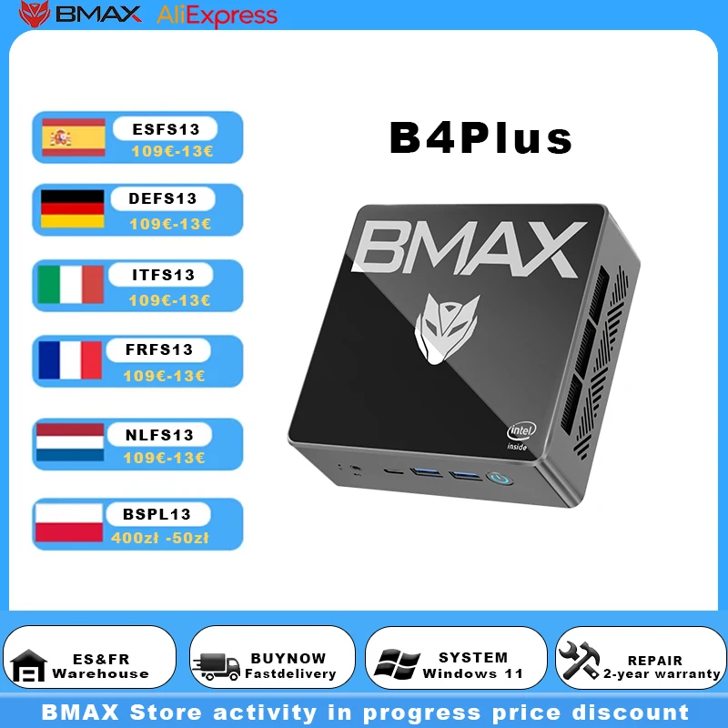BMAX B4 Plus Mini PC Windows 11 PC Intel N100 16GB 512GB SSD 2*HDMI 1*Type-C Ondersteunt 4K@60Hz 750MHz Intel UHD Grafische minipc