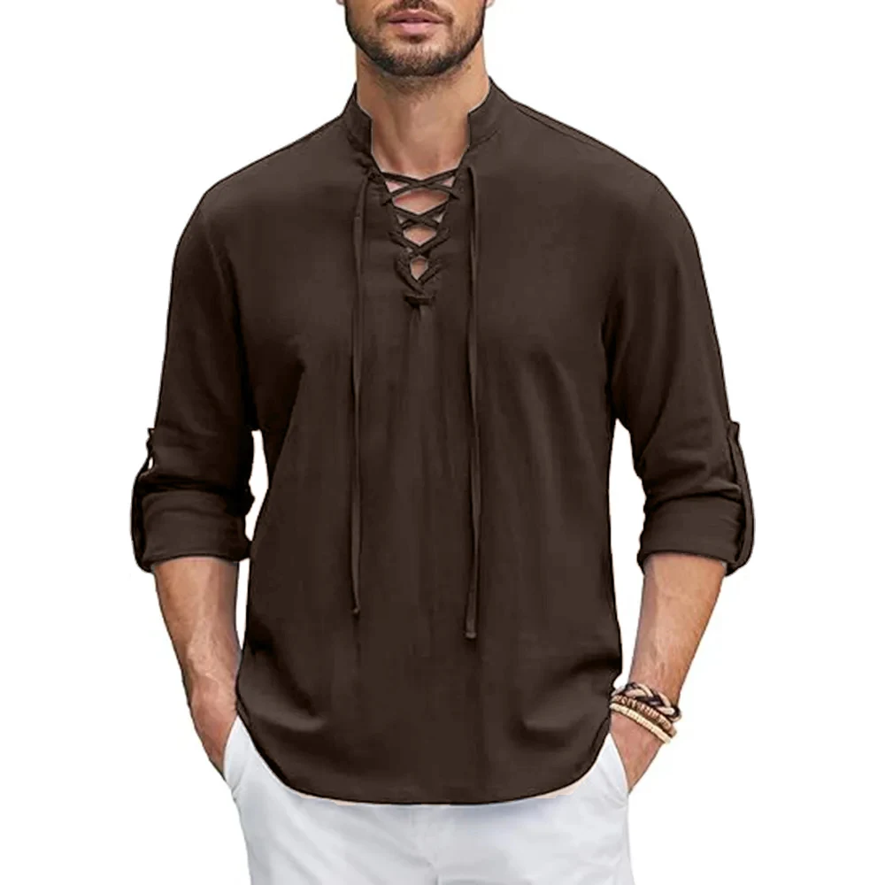 New Men\'s Casual Long Sleeved Shirt Medieval Vintage Top Cotton Linen Shirts Men Halloween Streetwear Breathable Lace-up Tops