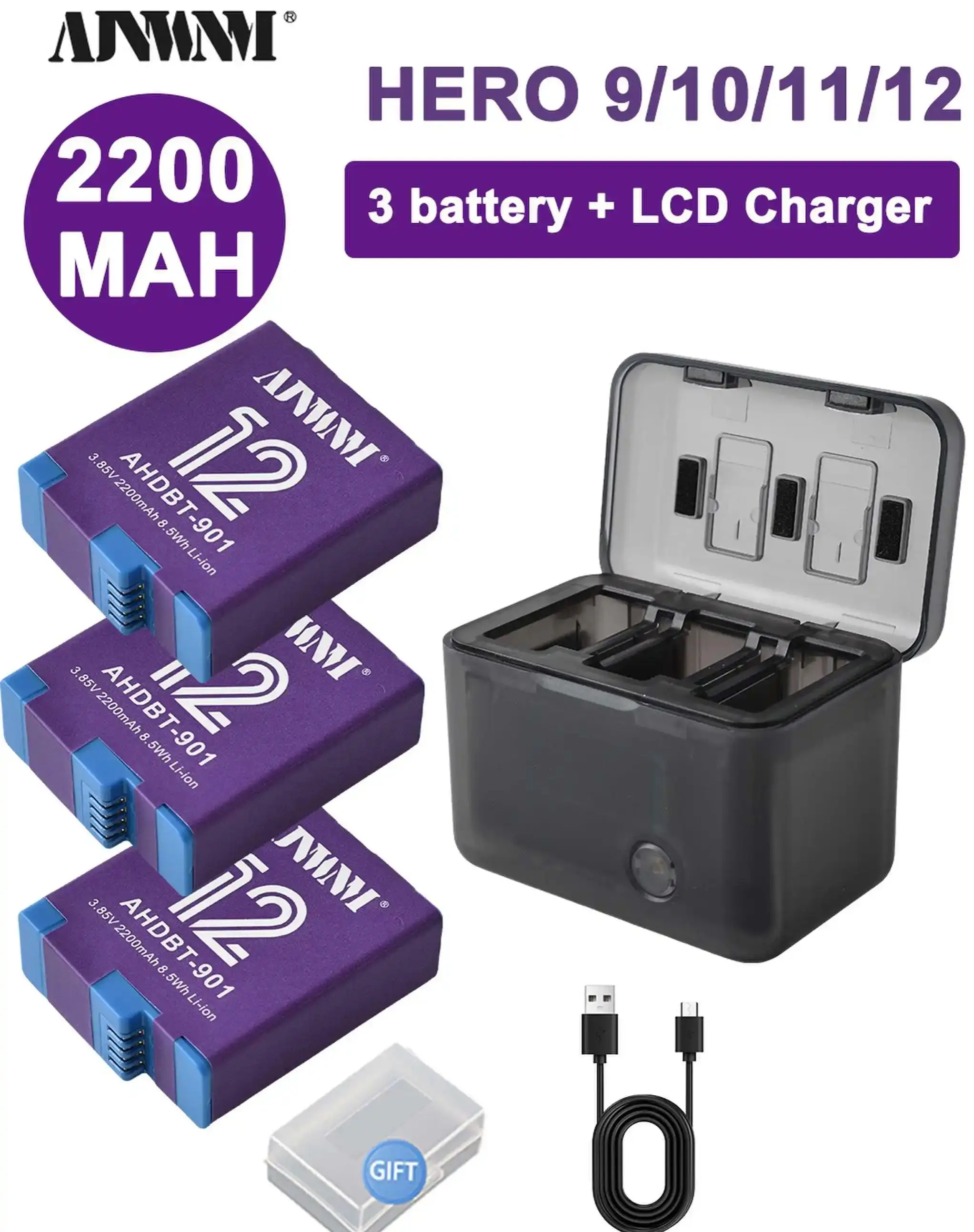 AJNWNM Battery For GoPro Hero 12 11 10 9 2200 mAh Battery 3 Ways Fast Charger Box TF Card Storage For GoPro Hero Accessories