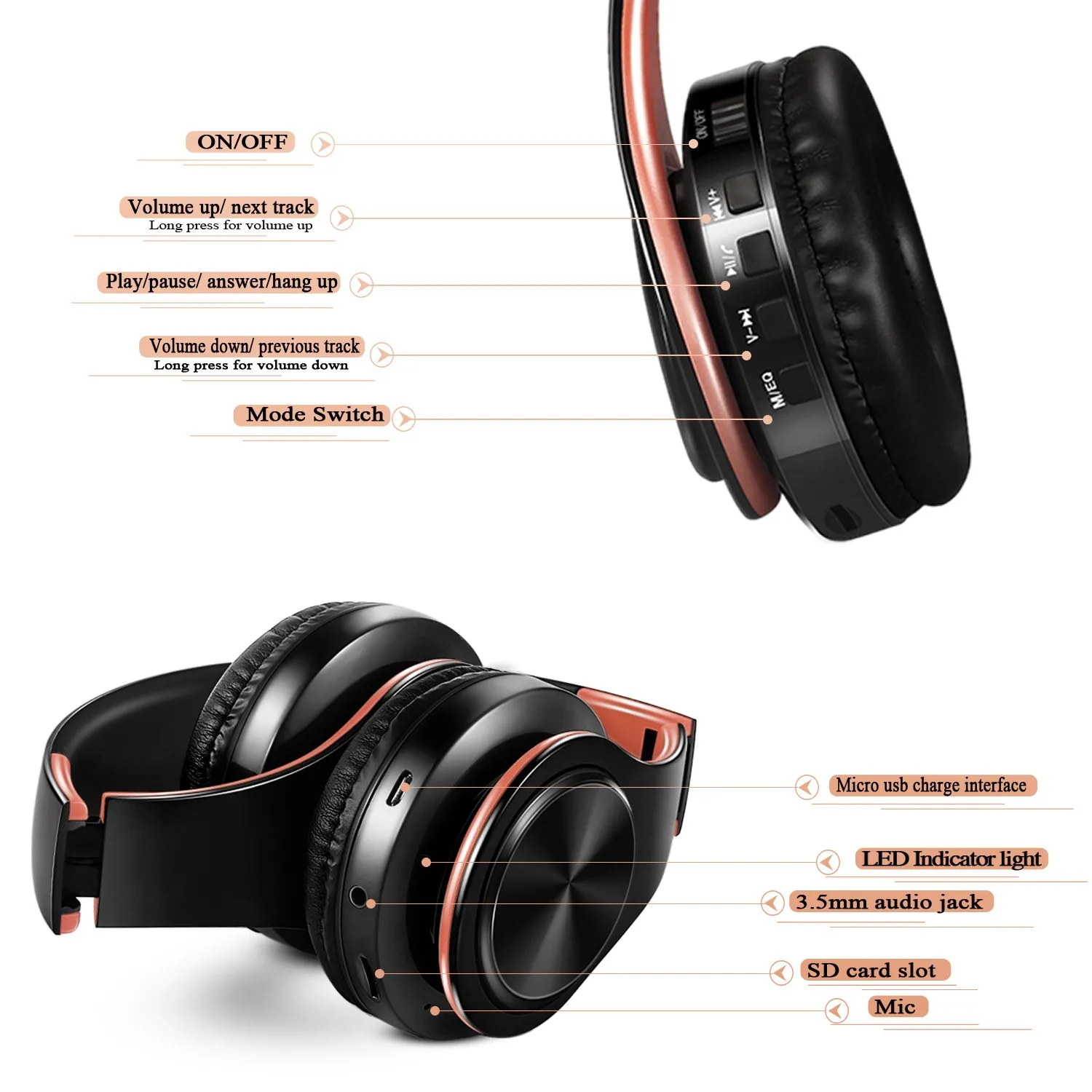 Słuchawki bezprzewodowe Bluetooth stereo AYVVPII z FM i obsługą kart SD, z mikrofonem, do telefonów komórkowych iPhone, Samsung, tabletów i odtwarzaczy MP3. — zdjęcie produktu 6