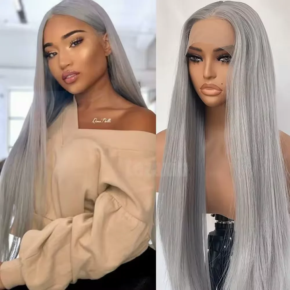 Silver Gray Bone Straight Lace Frontal Wig 13x4 Lace Front Human Hair Wigs For Women Preplucked Gray Colored Wigs Human Hair