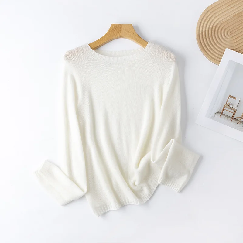 BirdTree, 53.9% Wool 5.5% Cashmere Elegant Sweater, Women O Neck Seamless, Thin Basics Knit Pullover, 2024 Summer Fall T47524QC