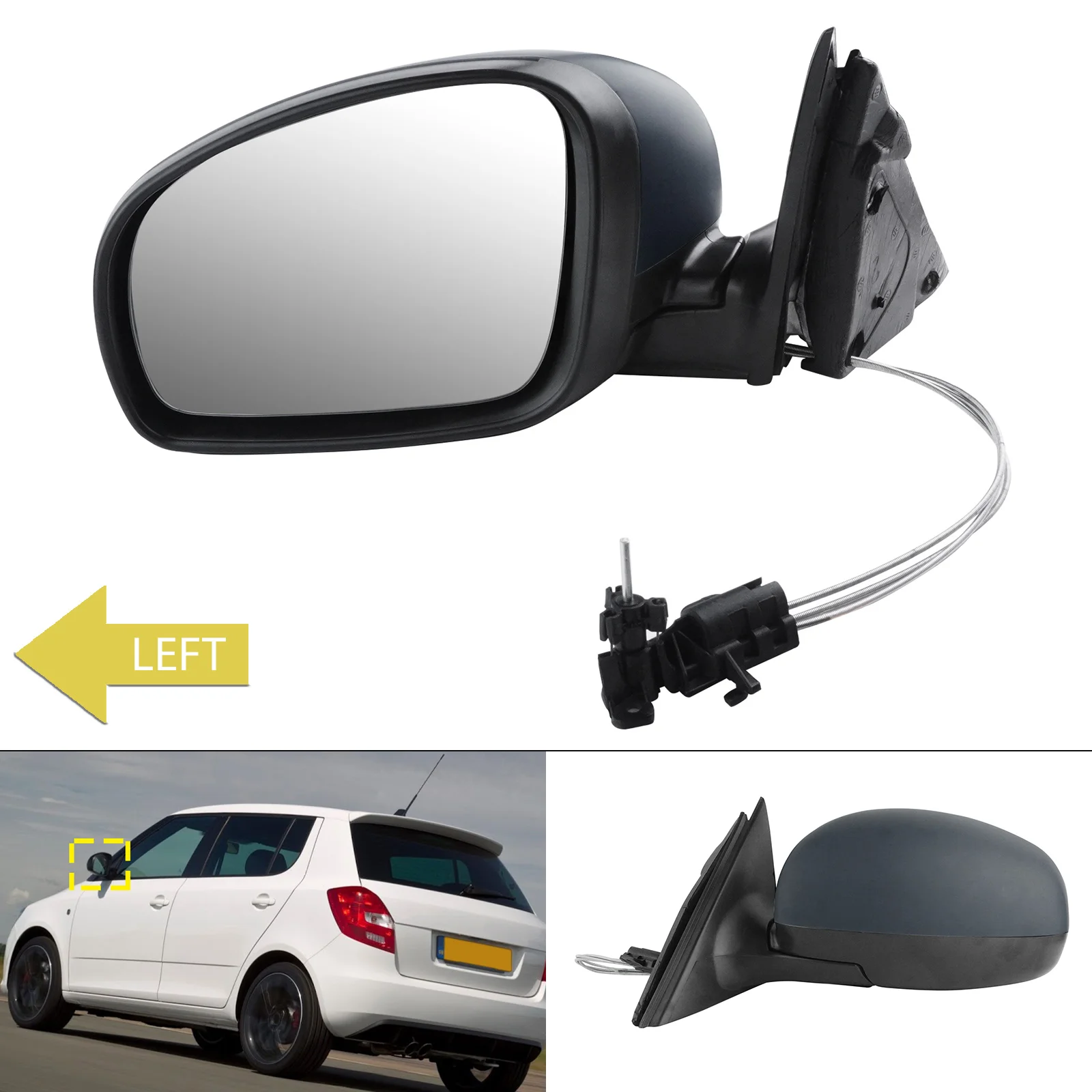 

Black Left Door Wing Rearview Mirror Cable Manual N/S For 2007-15 Skoda Fabia II