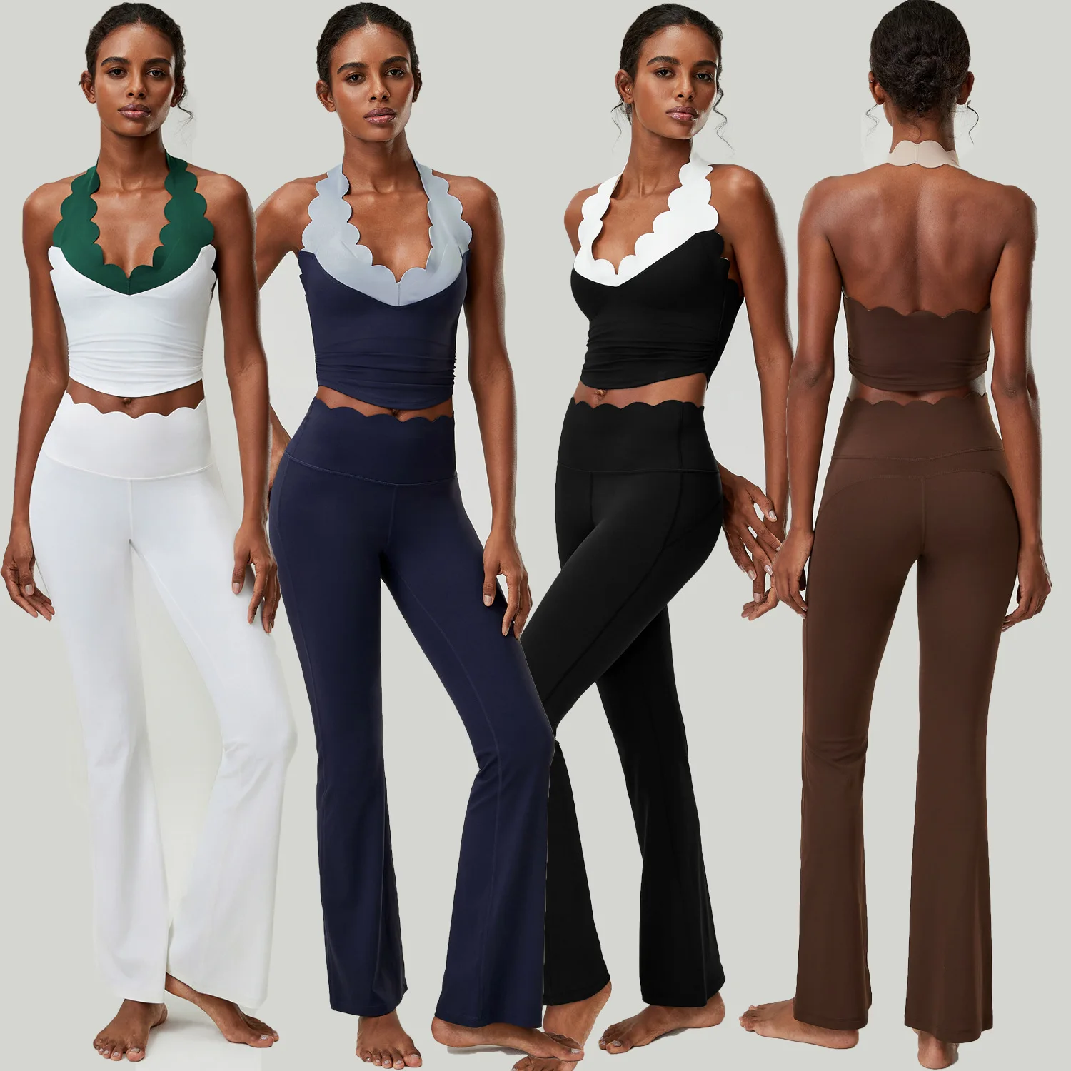Workout Clothes for Women 2 PCS Yoga Set Scalloped Halter V Neck Crop Top High Waist Flared Leggings Pilates Tennis Sports Suit