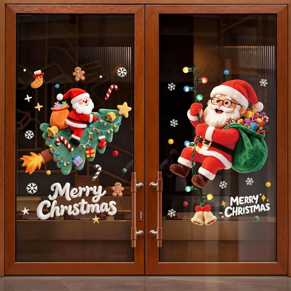 Multicolor Merry Christmas Window Stickers Static Santa Snowman Snowflake Window Clings DIY Photo Props Christmas Stickers