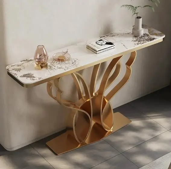 Modern Luxury Gold Stainless Steel Console Table Rock Slab Rectangle Glass Entryway Shelf for Kitchen Living Room Furniture