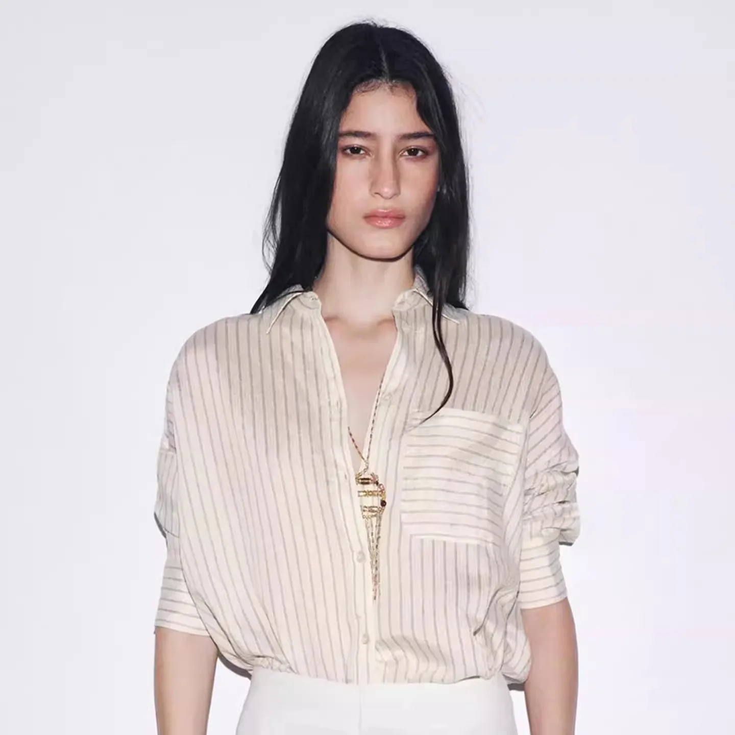 

Spring 2026 Casual Sle Women's irt Long Sve Striped ket Decor Simple Faion Breathable Comfortable Loose Fit Top