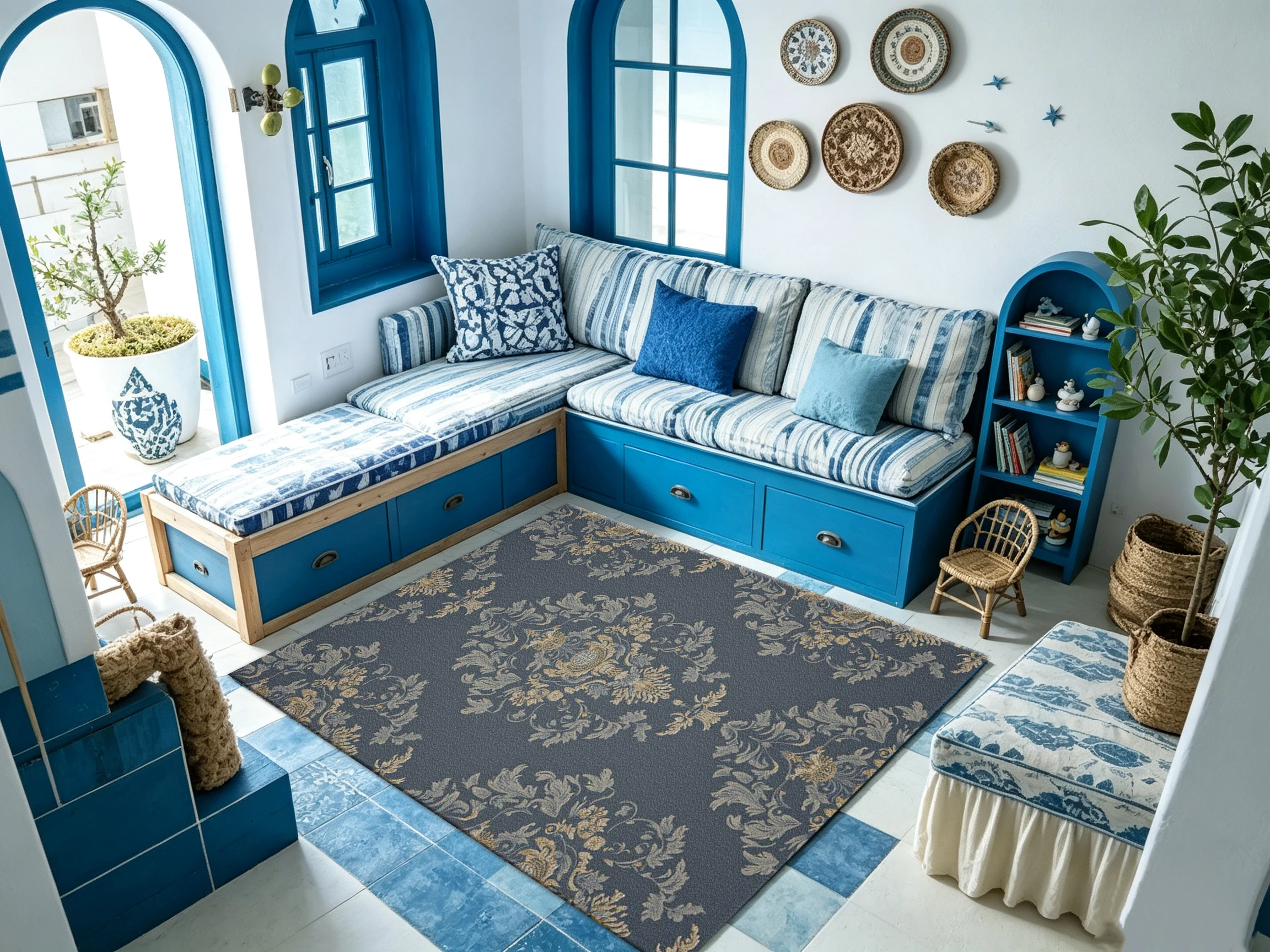 Dark Blue Brocade Vintage Floral Carpet Floor Tile European-Style Retro Home Carpet Suitable for Living Room Bedroom Interior Decoration