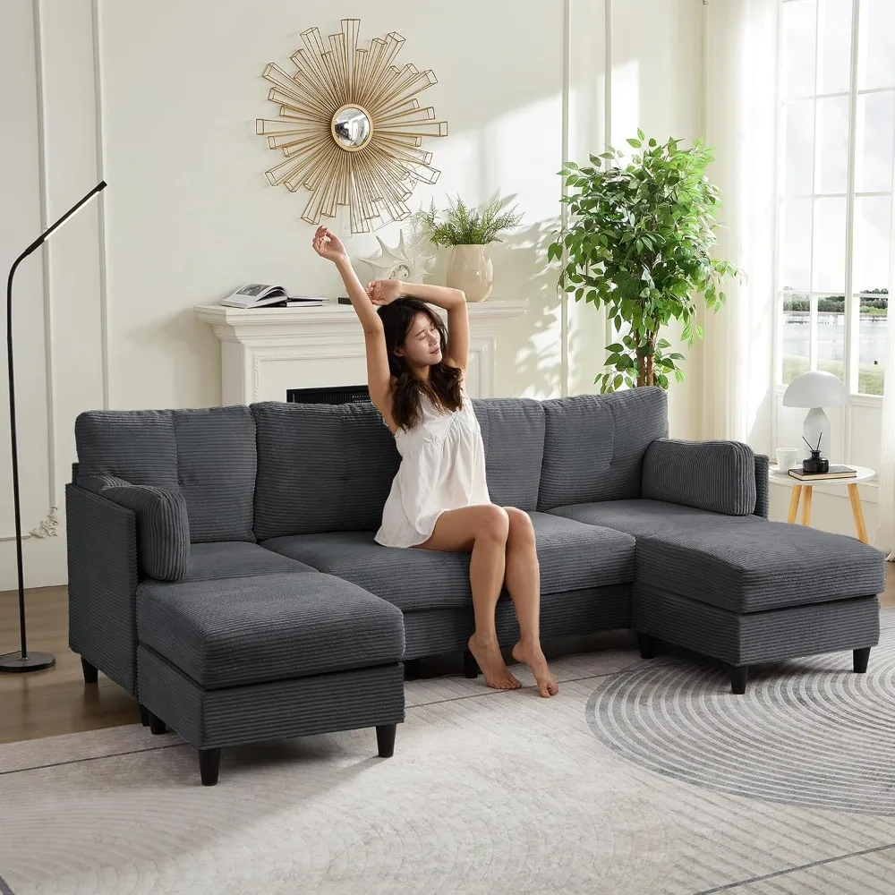 Трансформируемый U-образный секционный диван с 2 пуфиками, 4-местный диван для гостиной, вельветовая ткань, удобное решение для сидения