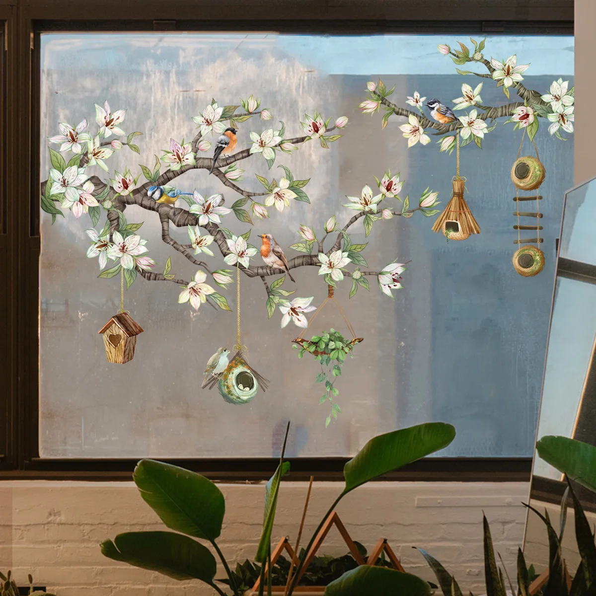 Branches, birds, hummingbirds, plants, flowers, glass stickers, double-sided visible glass window decorations, wall stickers