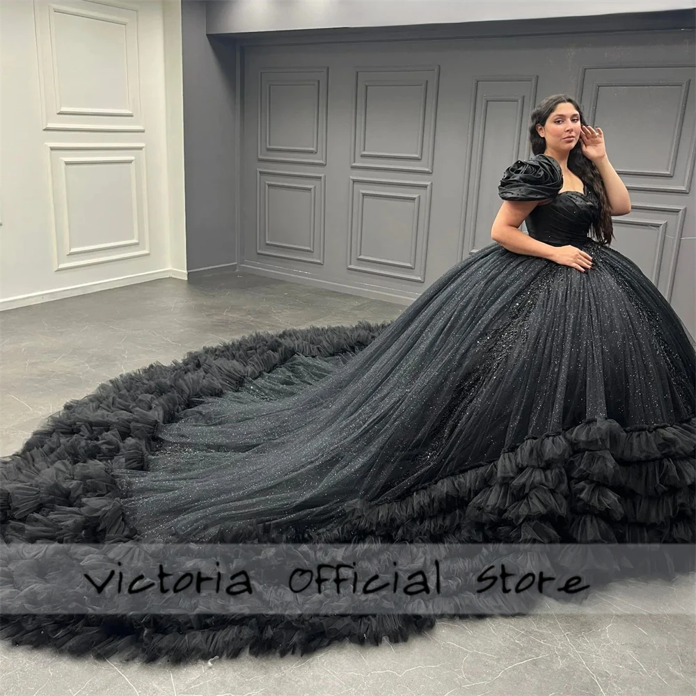 Glitter Black Beaded Tulle Ruched Train 15 years Quincenara Dresses Lace-up Corset  2027 Young Gir Prom Gown vestidos Customized