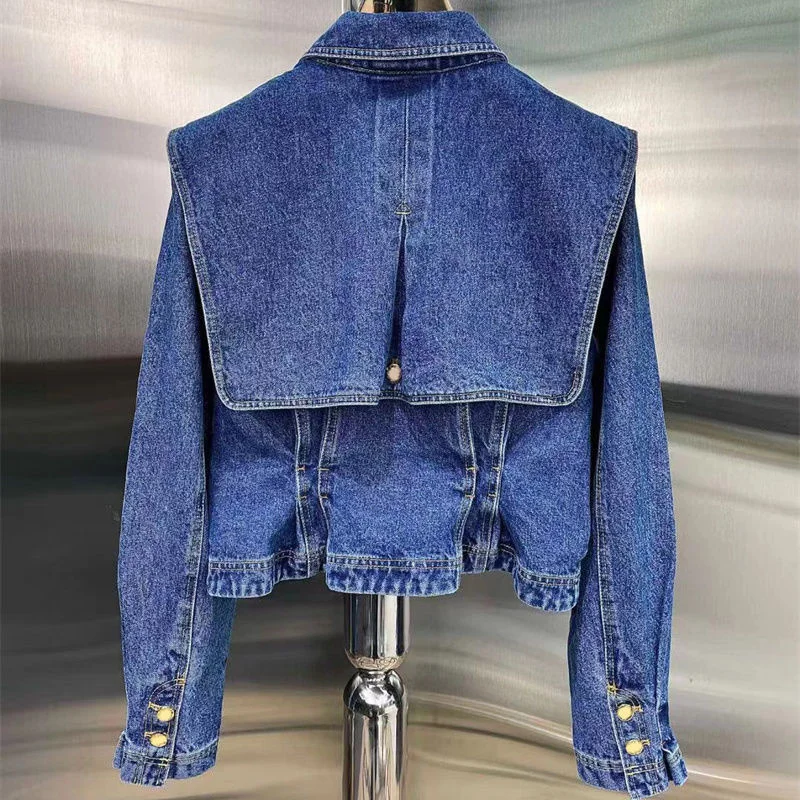 [ZOCI] 2024  A Niche Design A Pleated Shawl Pocket A Waistband. Short Denim Jacket Women Top New Autumn