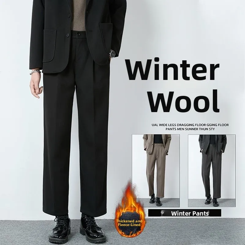 

Men's Faionable Fce Lined Woolen Straight Leg Pants Autumn Winter Long Trousers Dra Suit Casual Wear for Youth