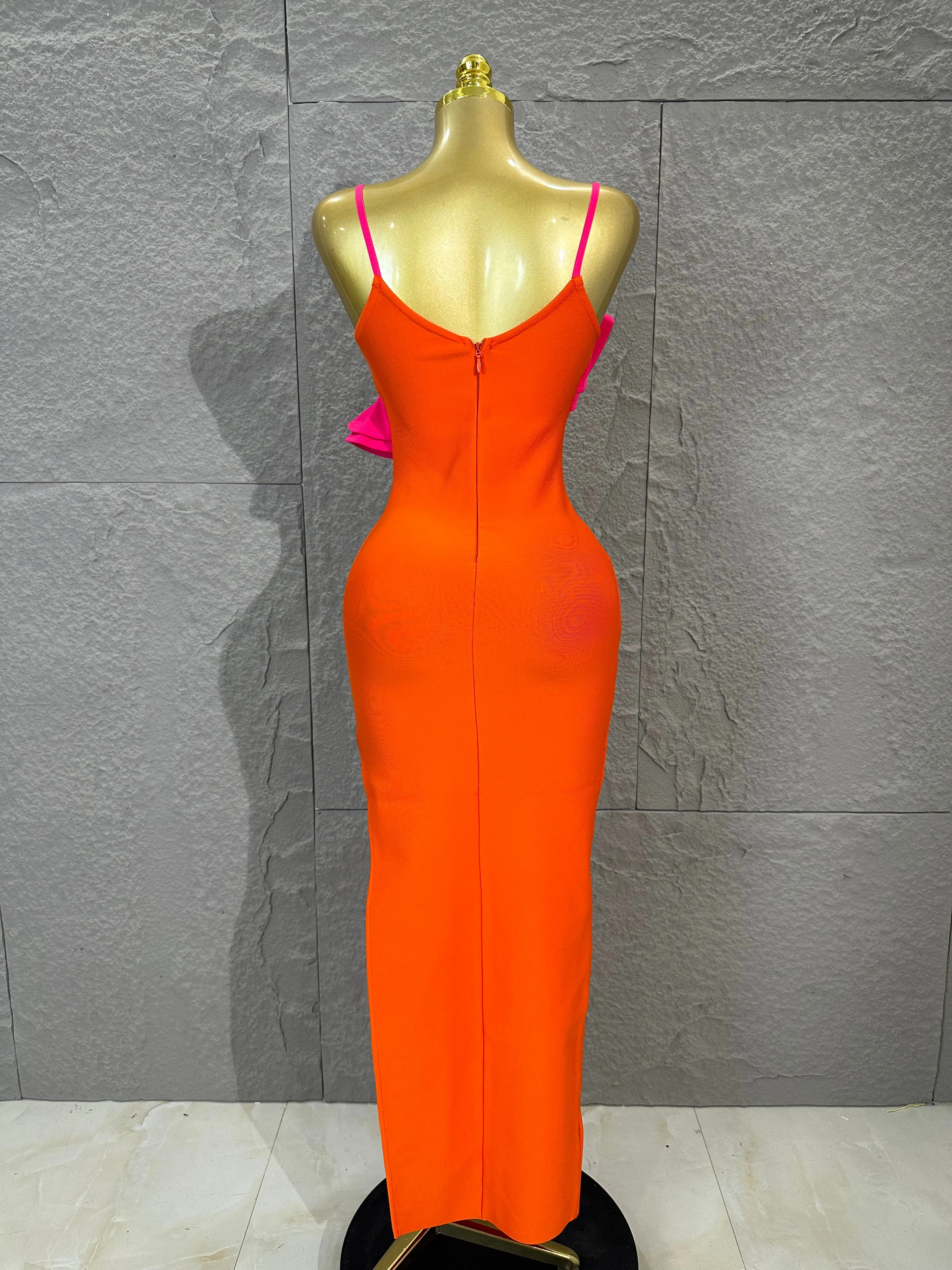 Vestido Midi con Volantes en Color Fucsia y Tirantes, Vestido Ajustado Naranja de Cintura Alta, Disfraz para Salir de Noche o Cumpleaños