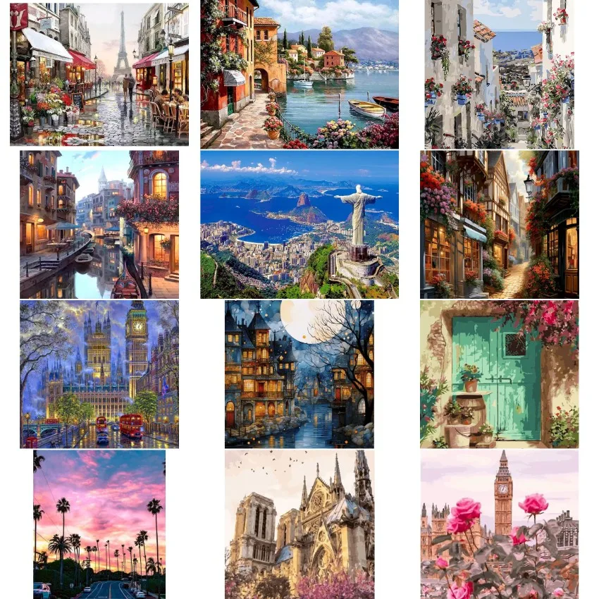 City Landscape Painting By Numbers For Adults DIY Kits HandPainted On Canvas With Framed Oil Picture Drawing Coloring By Number