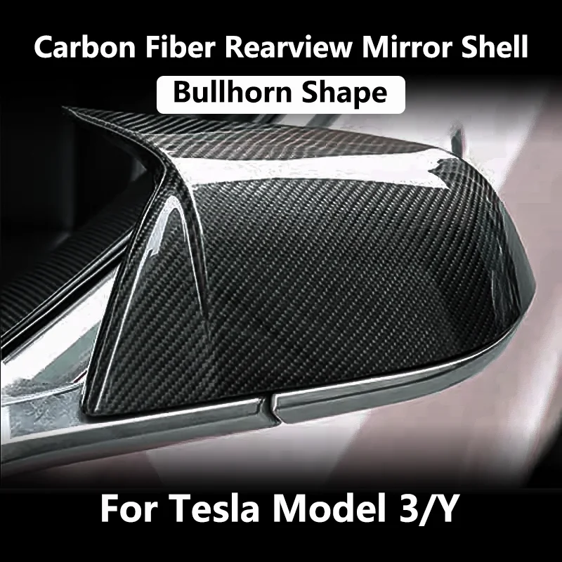 Real Carbon Fiber Rearview Mirror Cover for Tesla Model 3 Y Bullhorn Shape By Pasting 2017-2023 Dry Carbon