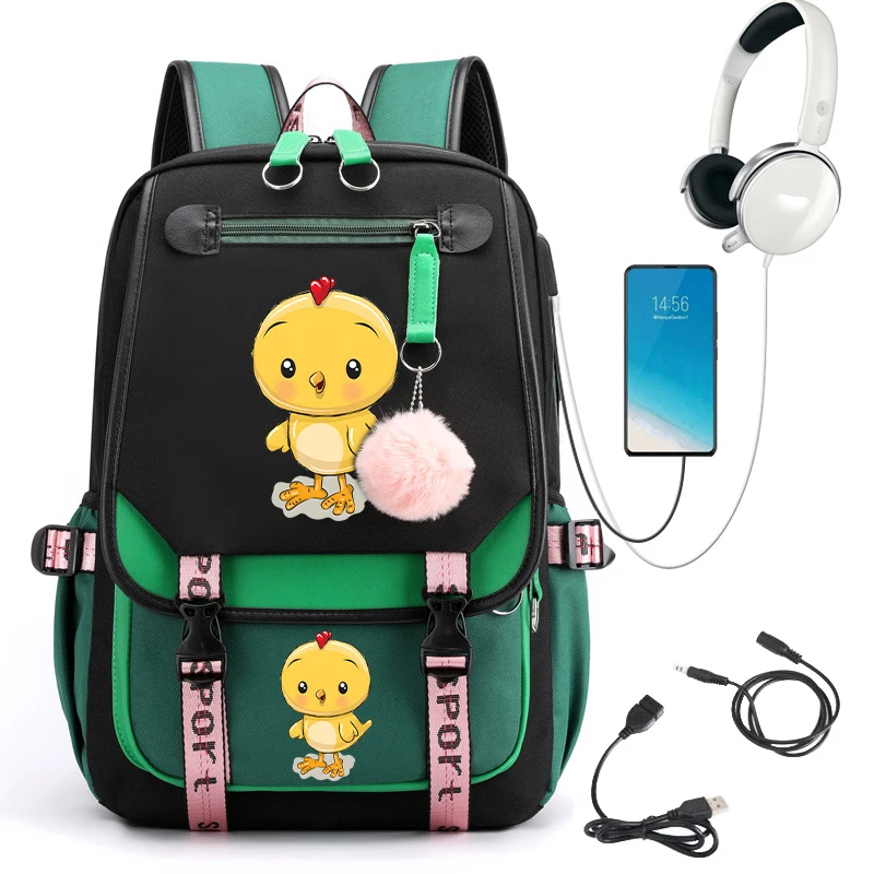 Lindas mochilas escolares con estampado de pollo para estudiantes, mochila de dibujos animados de Anime para adolescentes, mochila escolar para regreso a la escuela, mochila Usb