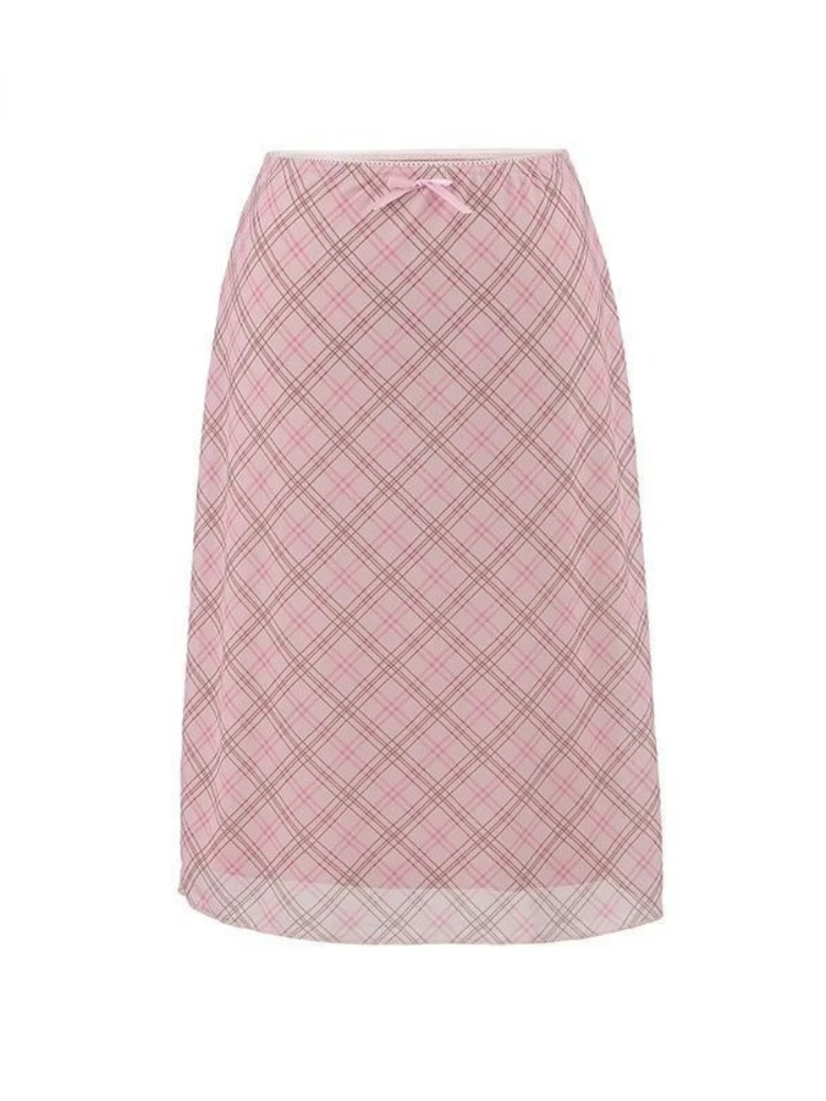 Deeptown Sweet Plaid Skirt Women Elegant Korean Style Vintage Mesh Mid Skirts Harajuku Y2k Fashion Summer A-line Skirts Slim Up