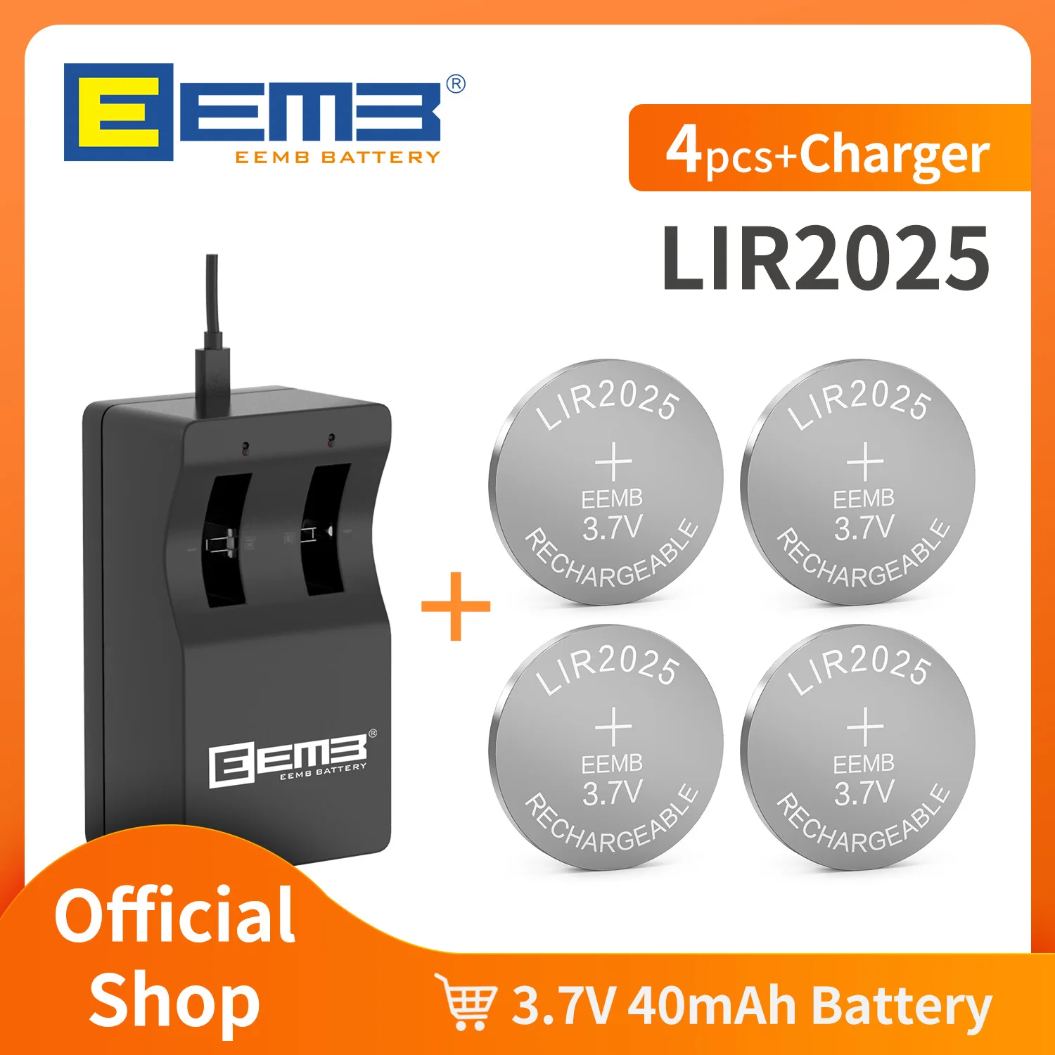 EEMB 4PCS LIR2025 3.7V button battery, optional with charger rechargeable button battery 40mAh suitable for cameras, watches