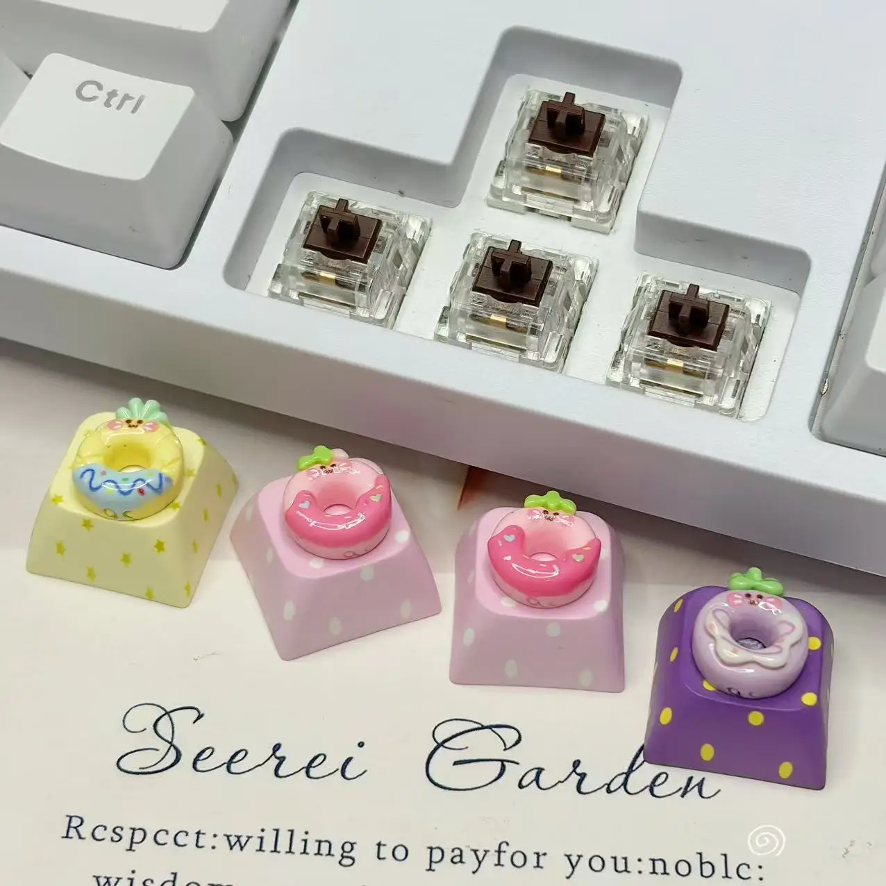 Handmade customized cute pink purple yellow donut keycaps original cross axis game mechanical keyboard keycaps