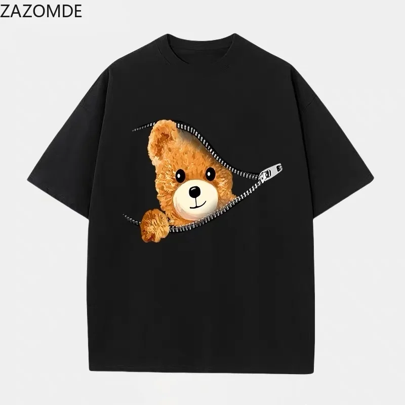 ZAZOMDE Casual Daily Creative Zipper Bear Art Print T Shirts Unisex Crew Neck Short Sleeve Soft Cotton Oversized Street Tees
