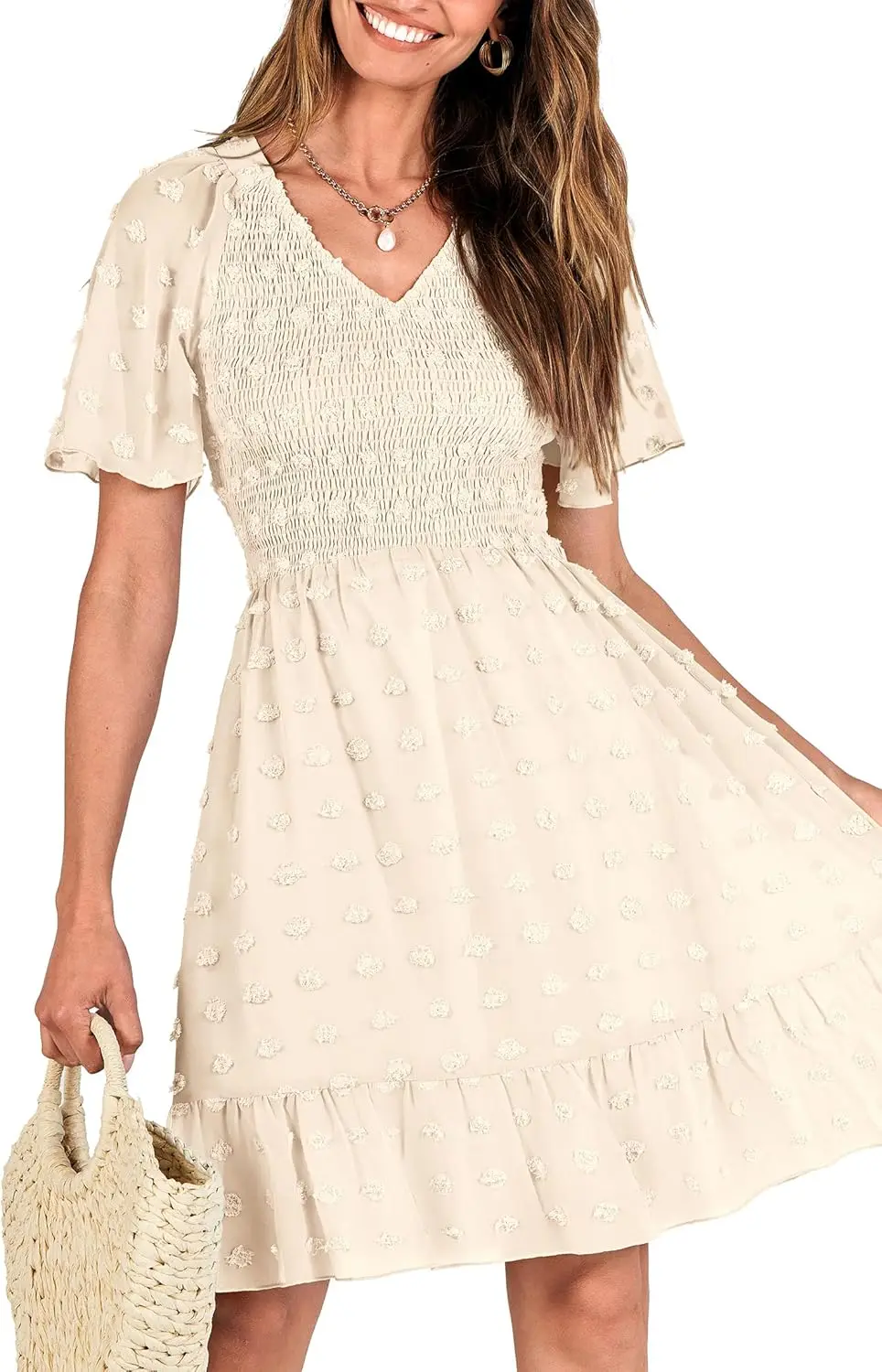 Womens Beach Vacation Dress V Neck Short Sleeve Smocked Dot Casual Ruffle Mini Spring Summer Dresses 2025