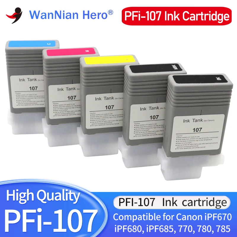 Cartucho de tinta Compatible con PFI-107, para Canon IPF670, IPF680, IPF685, IPF770, IPF780, IPF785, IPF-670, IPF-770, IPF 670, 770, PFI107, PFI 107