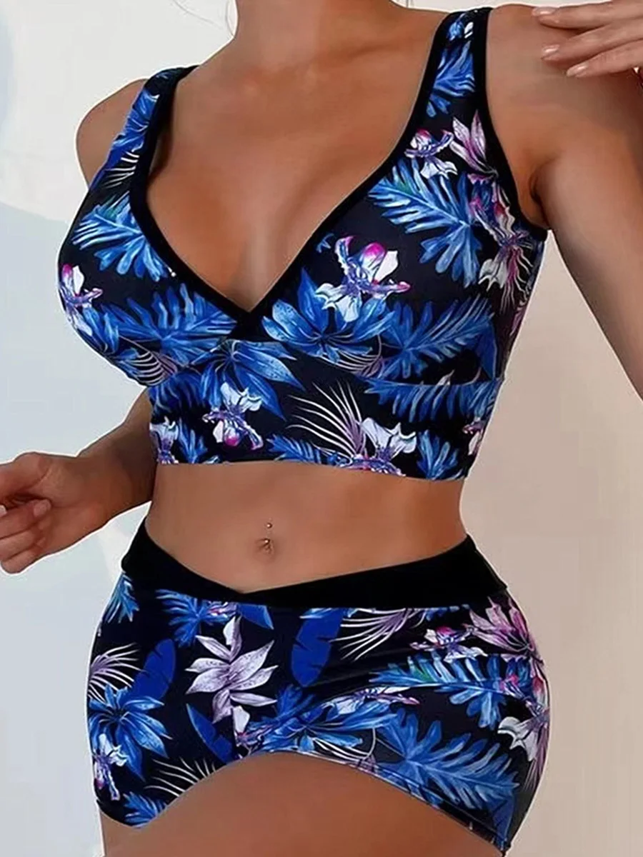 Print V Neck & Waist Boxer Bikini 2024 Swimsuit Women Padded Swimwear Female Bathers Bathing Swimming Swim Suit Beachwear