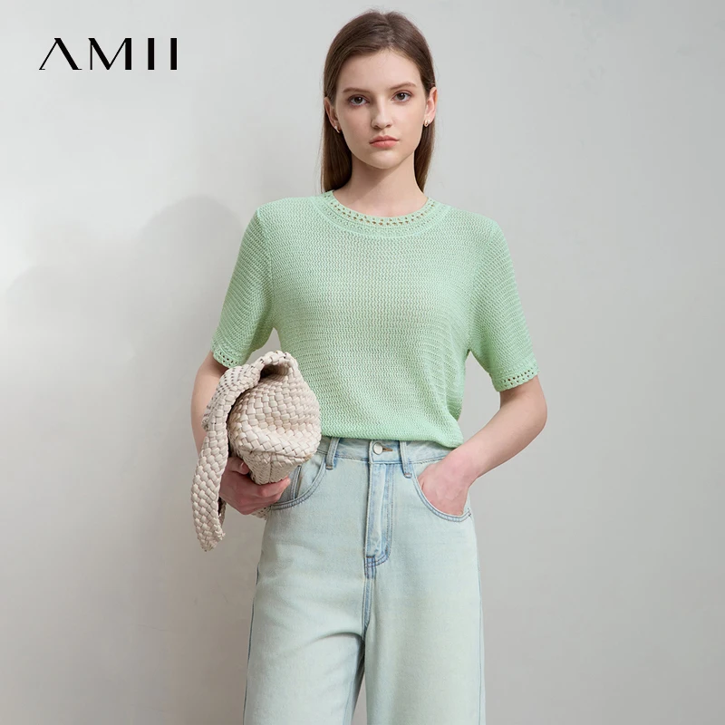 

AMII минимализм свободные топы модные с круглым вырезом с коротким рукавом удобный вентилируемый зеленый вязаный свитер женская одежда 12552106